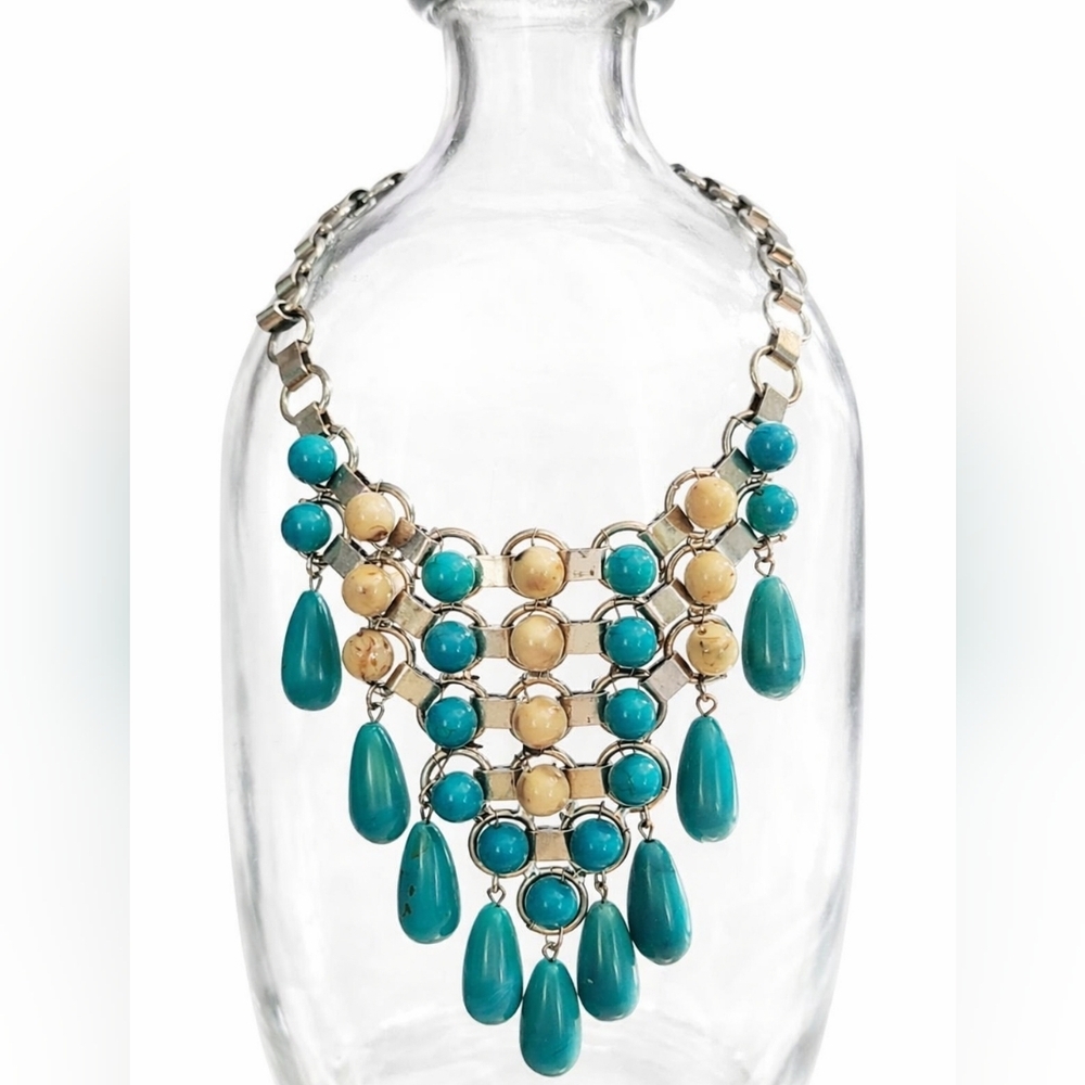 Turquoise & Ivory Western Boho Bib Necklace | Silver-Tone Chain - Picture 2 of 6
